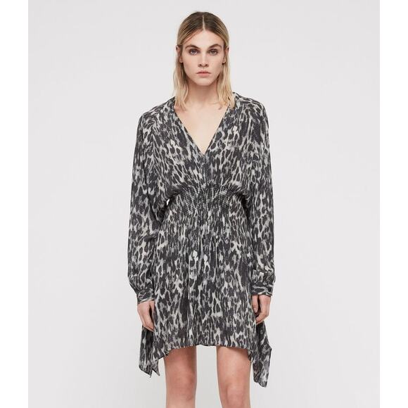 All Saints Nichola Gray Leopard Animal V-Neck Handkerchief Mini Dress Size M - Picture 1 of 15